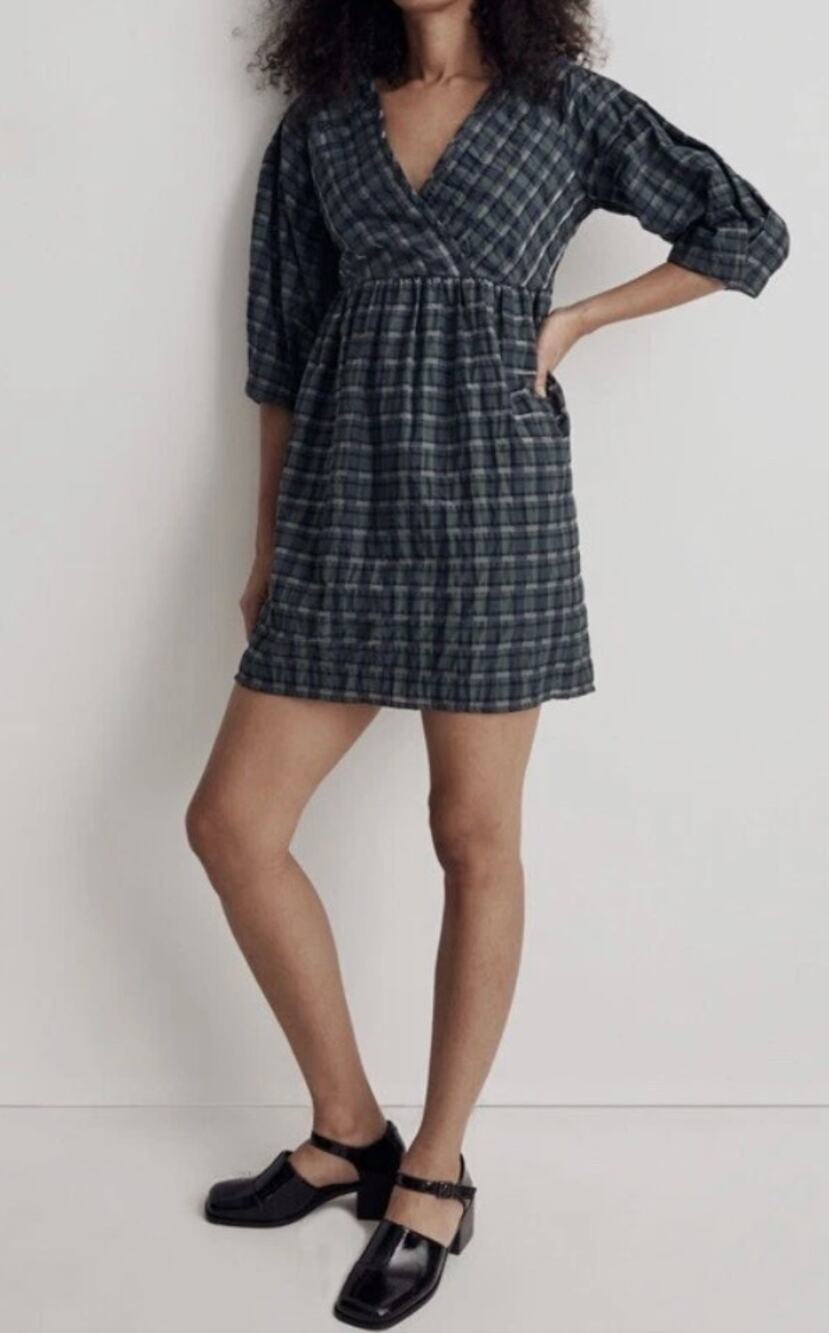 Madewell Marianna Puff Sleeve Mini Dress In Plaid Forest Green XS